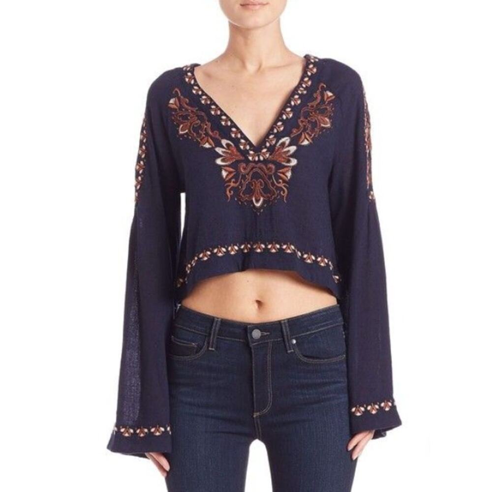 Linjia Shop Womens‎ Boho Embroidered Flare Long Sleeve Cropped Top Size L Navy